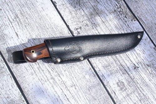 Нож Егерь - сталь RWL34, мокумэ, G10, стабилизированный зуб мамонта, айронвуд, карбоновые мозаичные пины.